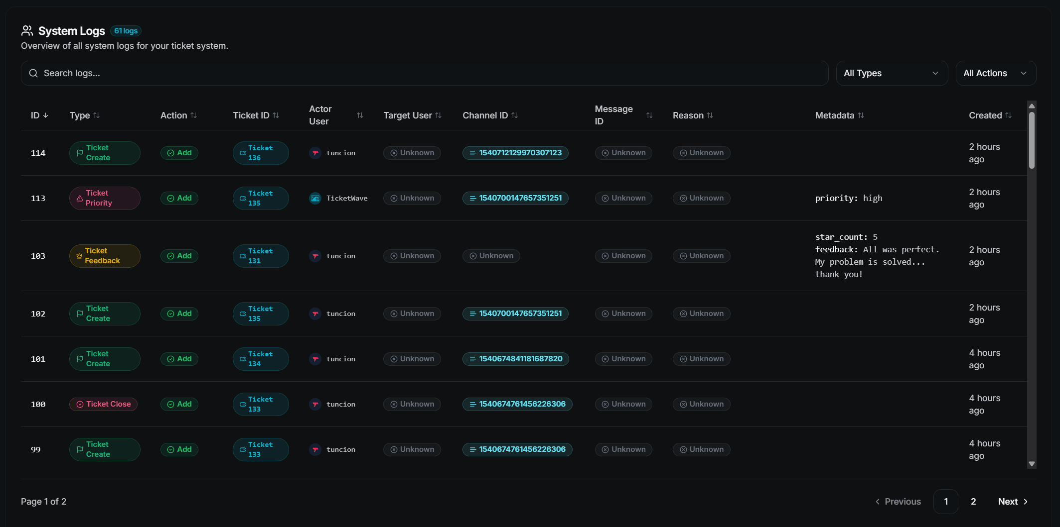 Dashboard Logs Page