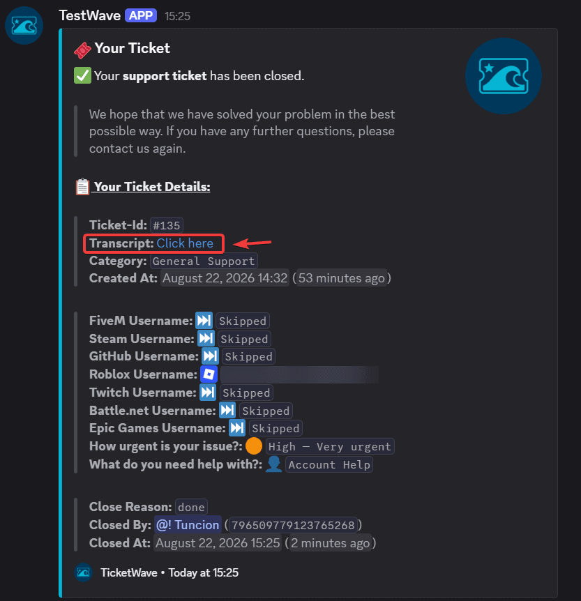 Transcript Link in the Close Log