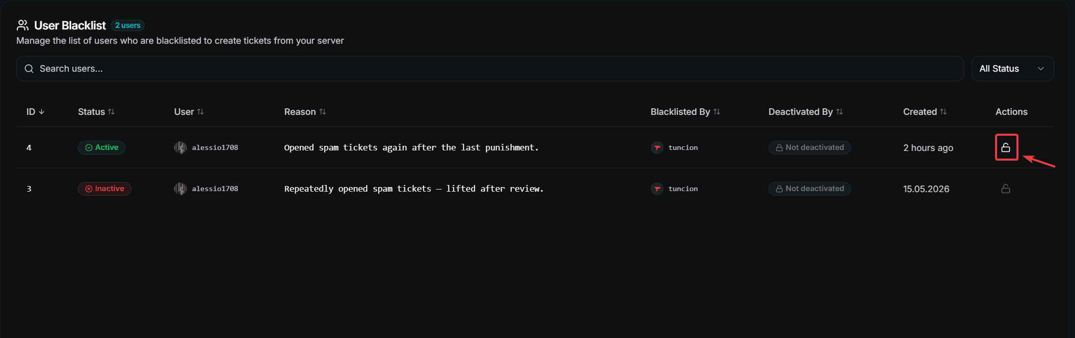 Blacklist Page
